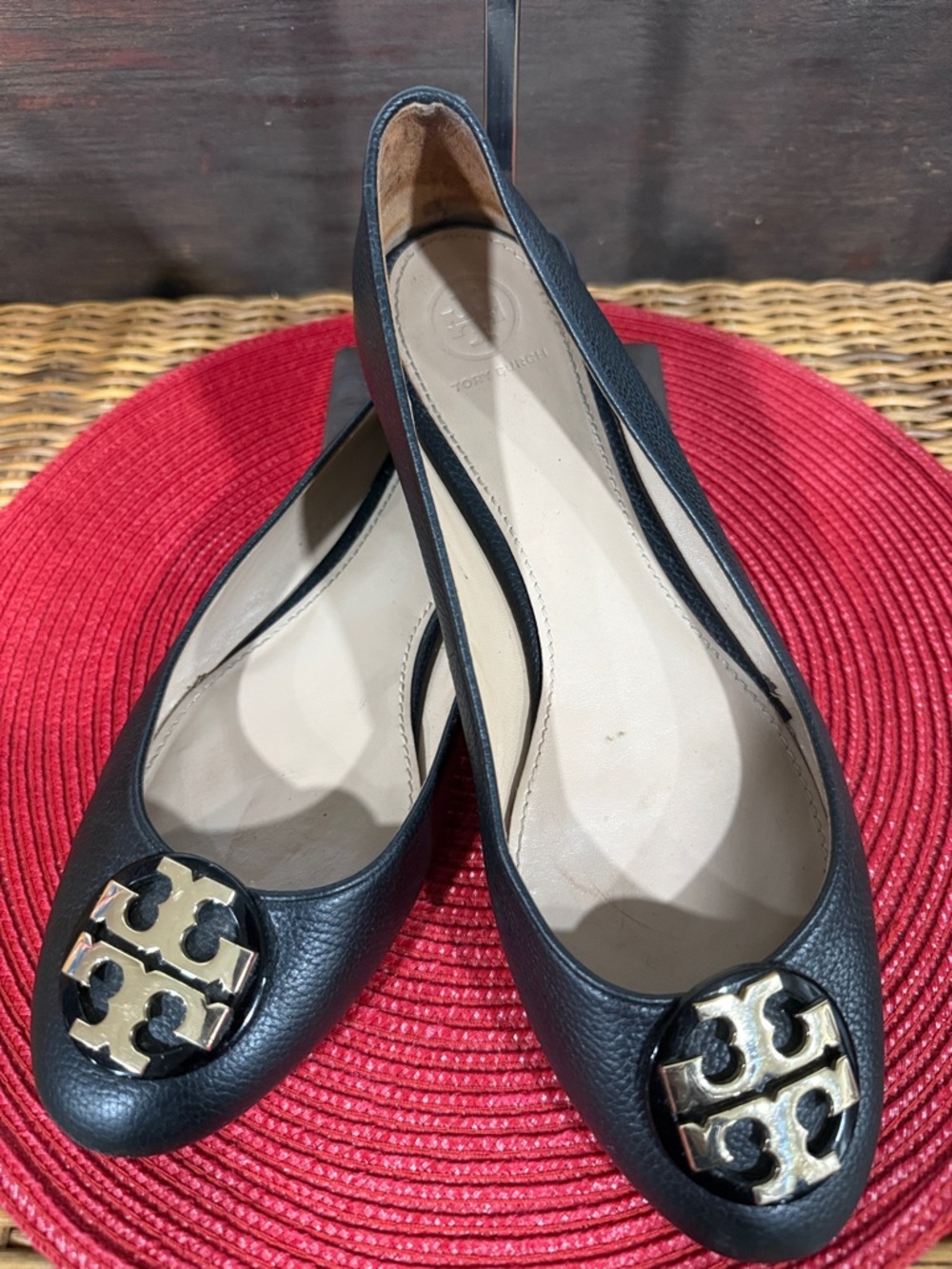 Tory Burch Black Leather Logo Cap-Toe Ballet Flats W/Shopping Bag